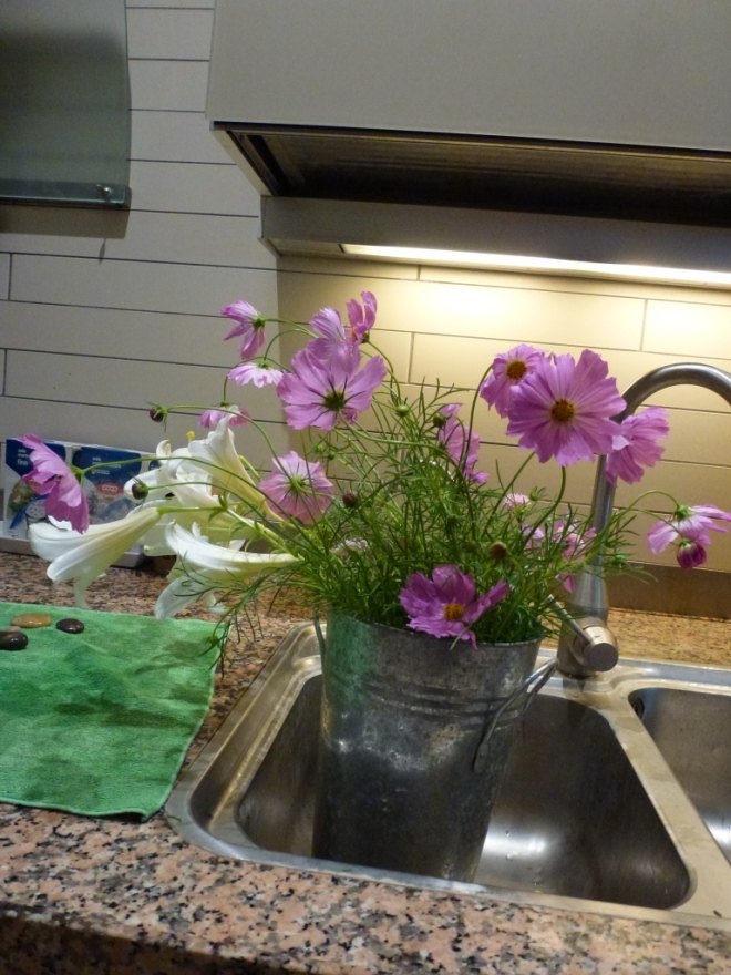 Cosmos and lilies waiting to be arranged